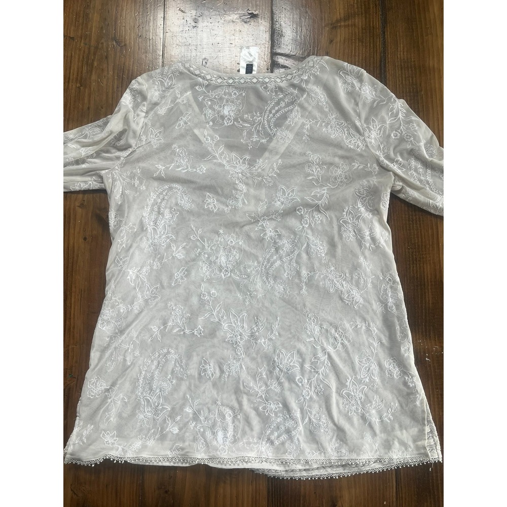 White House Black Market Embroidered Mesh V-Neck Tunic Top Off-White XL Boho - Picture 5 of 6